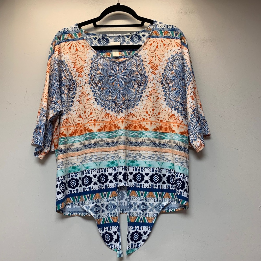 Chico's Top Women Size 1 Medium Multicolor Excellent Tie Front Medallion Print